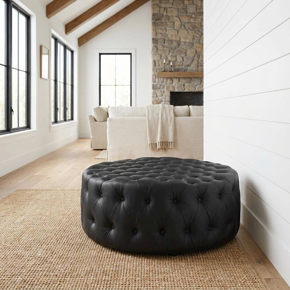 Black Vinyl Ottoman, Contemporary Upholstered Seat for Lounge