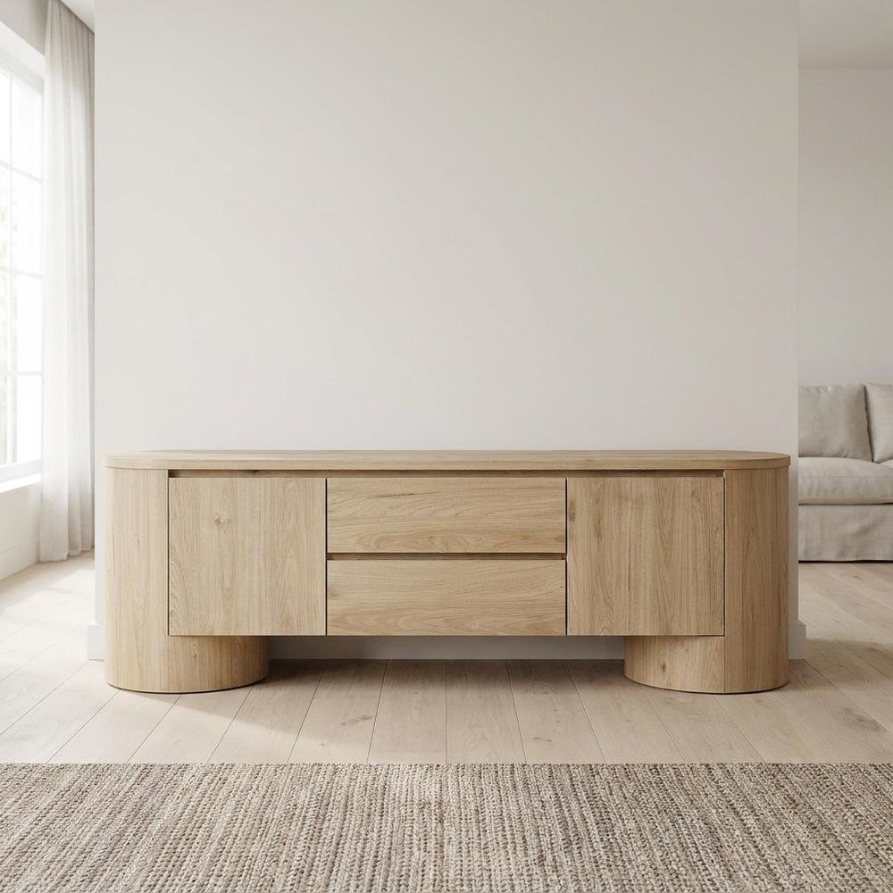 Oval Entertainment Center TV Console Cabinet with Storage and Drawers, Light Oak