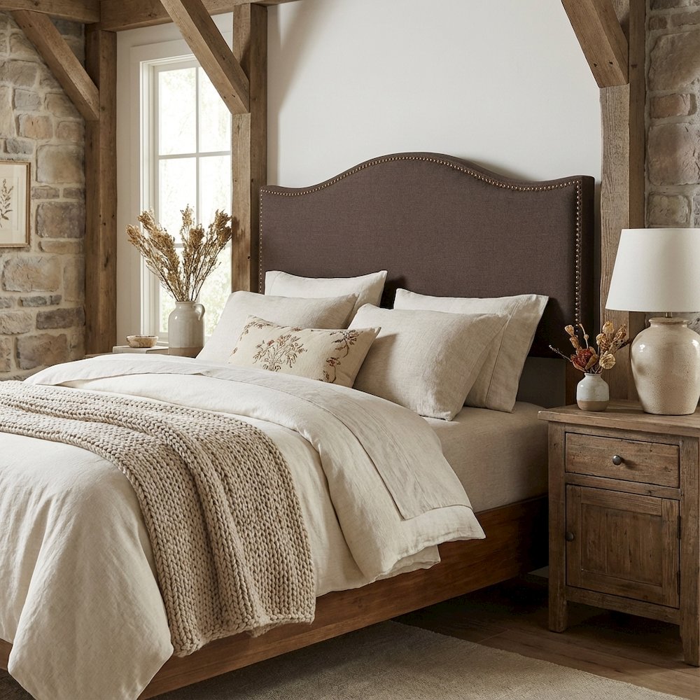 Upholstered Queen Headboard with Nailhead Trim and Curved Design