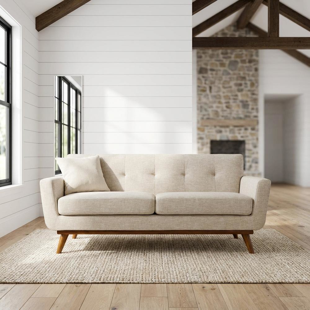 Fabric-Upholstered Small Loveseat Sofa for Bedroom or Small Spaces, Beige