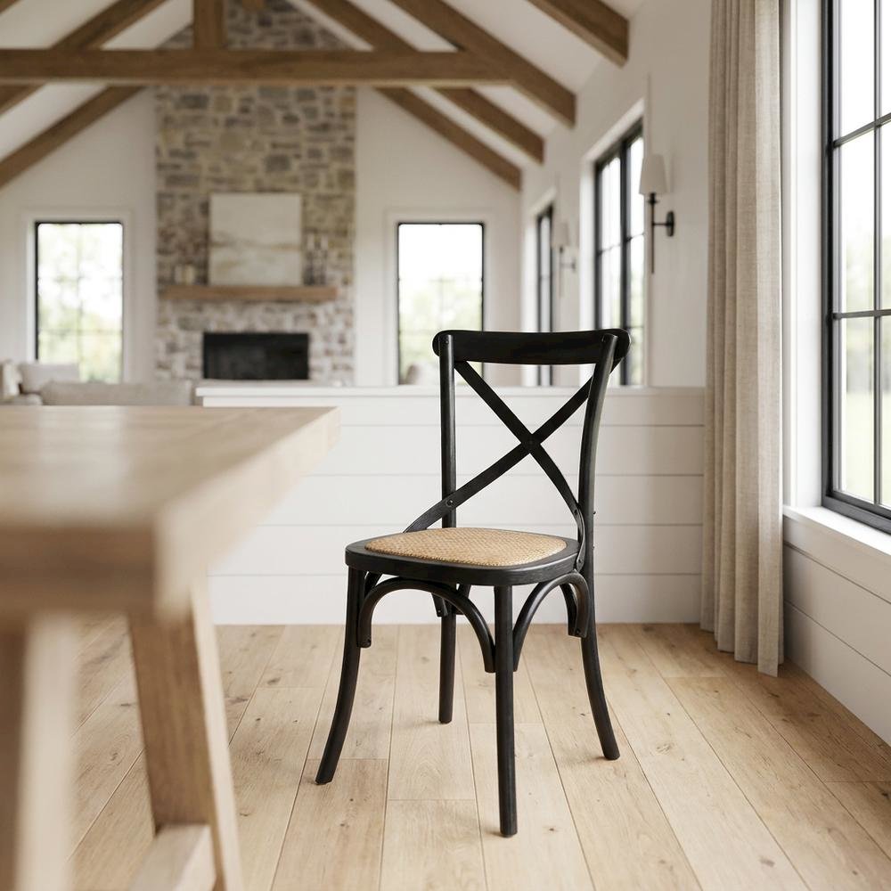 Wood and Rattan Dining Side Chair with Cane Back for Dining Room, Black