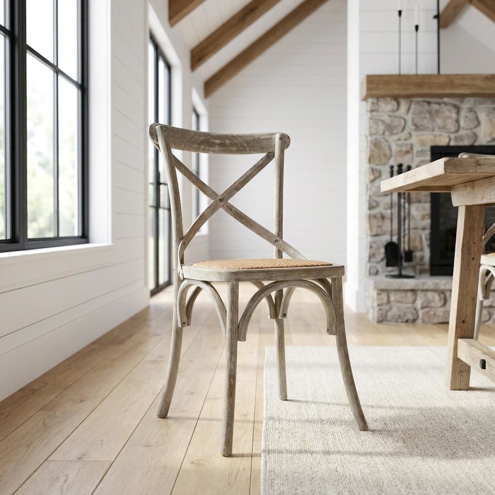 Wood and Rattan Dining Side Chair with Cane Back for Dining Room, Gray