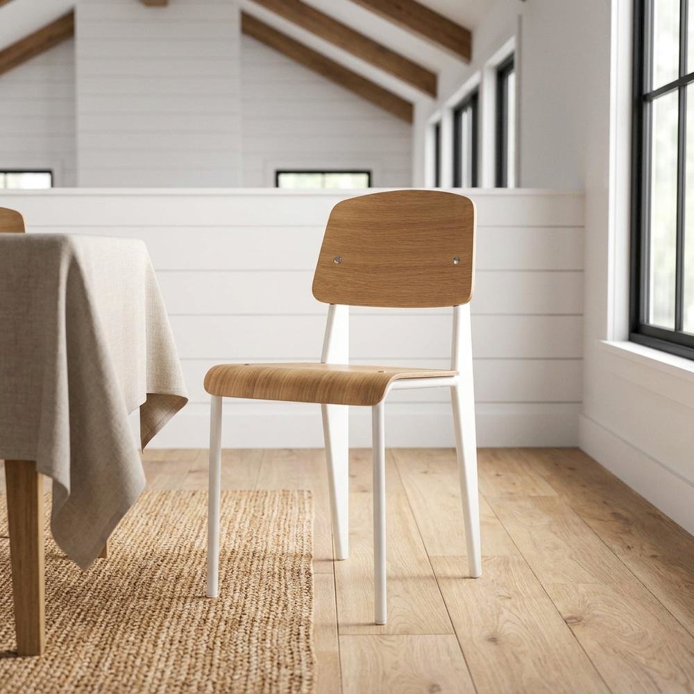 Wooden Dining Side Chair with Slatted Backrest for Dining Room, Natural White