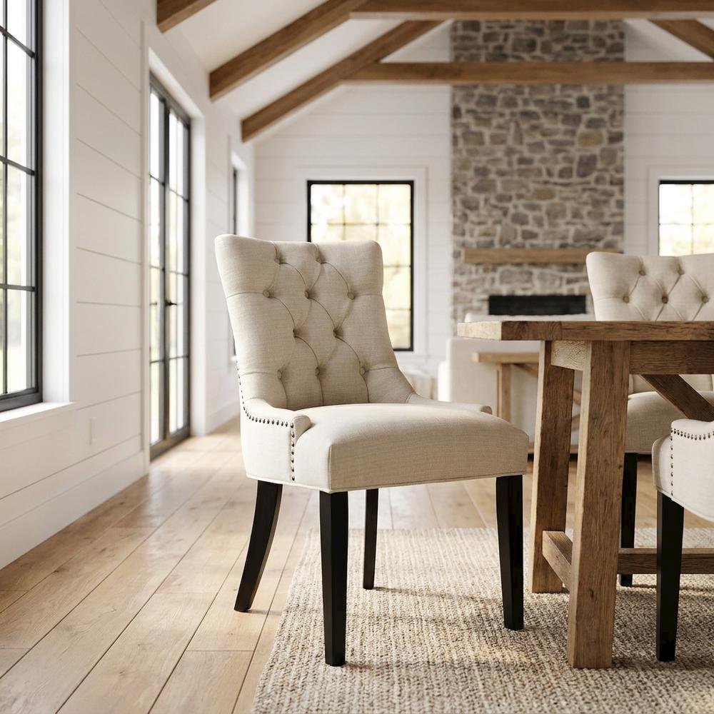 Tufted Upholstered Fabric Dining Chair for Kitchen and Dining Room, Beige