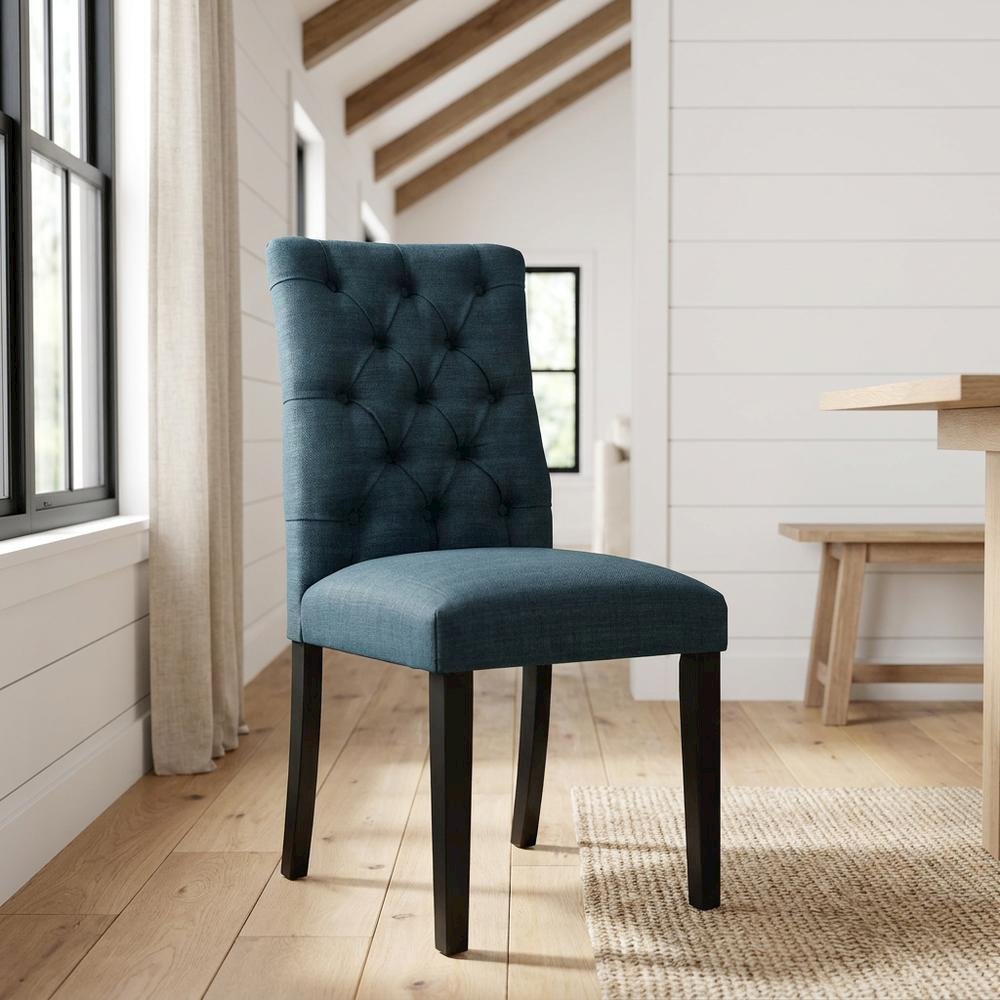 Button-Tufted Upholstered Fabric Parsons Chair, Azure