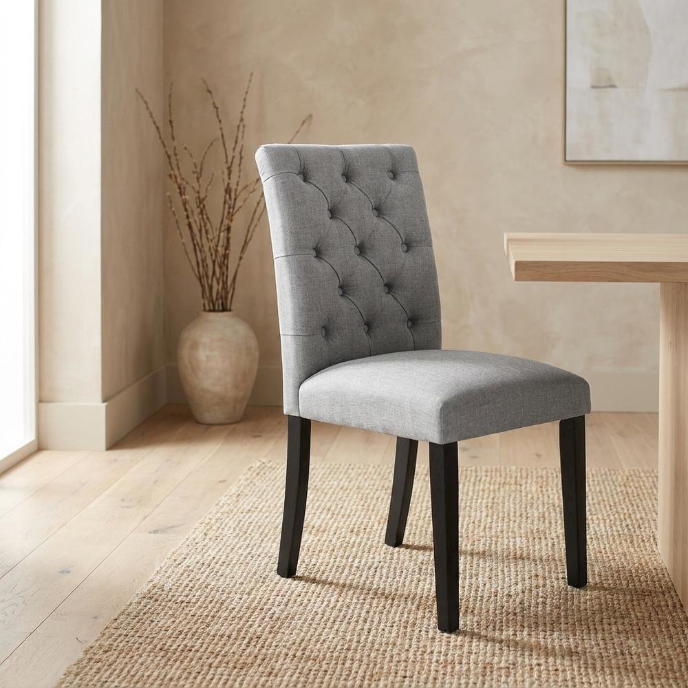 Button-Tufted Upholstered Fabric Parsons Chair, Light Gray