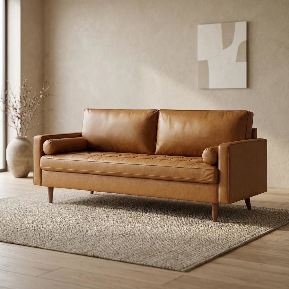 Tufted Vegan Leather Sofa with Track Arms for Living Room, Tan