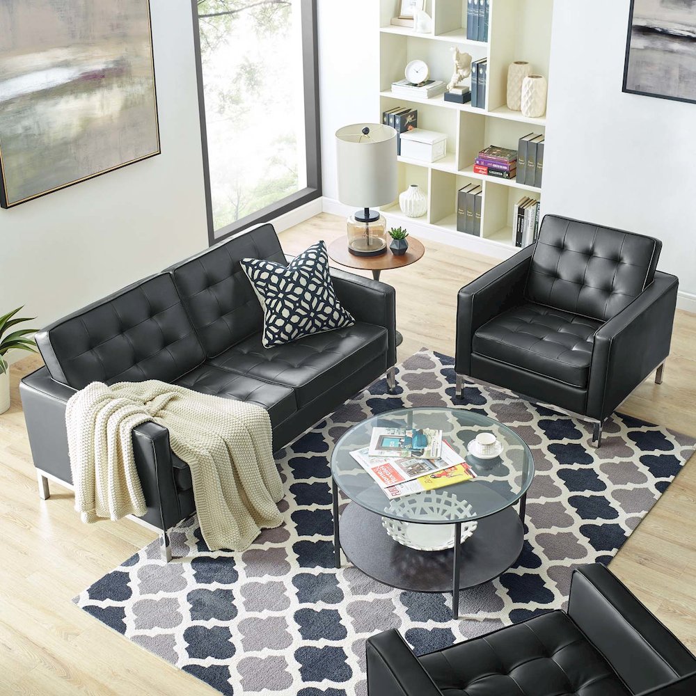 Loft Tufted Upholstered Faux Leather Loveseat and Armchair Set