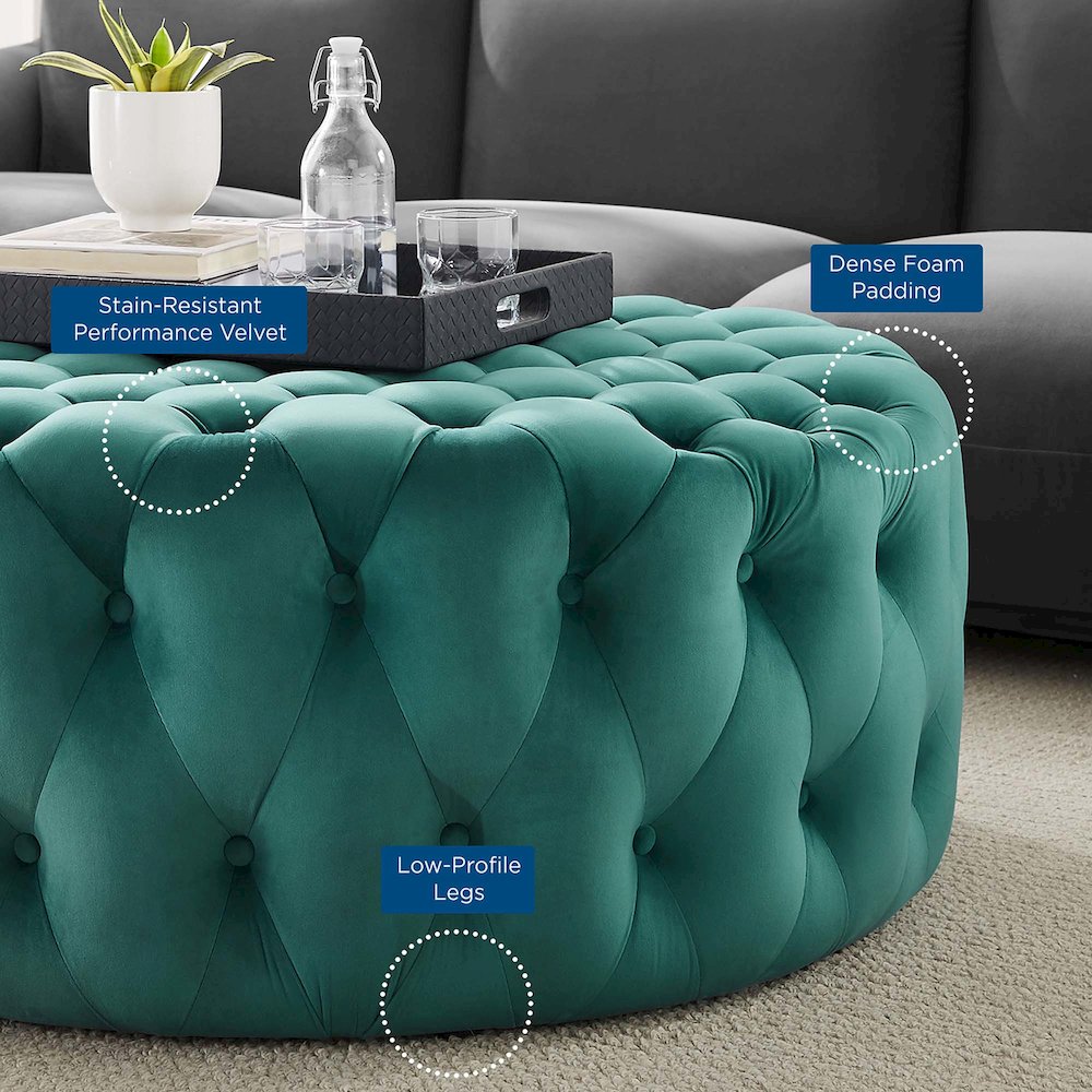 Amour Tufted Button Large Round Performance Velvet Ottoman