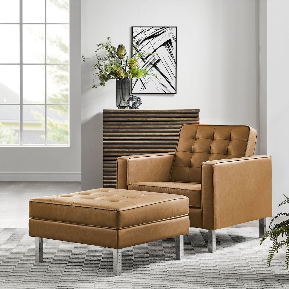 Loft Tufted Vegan Leather Armchair and Ottoman Set