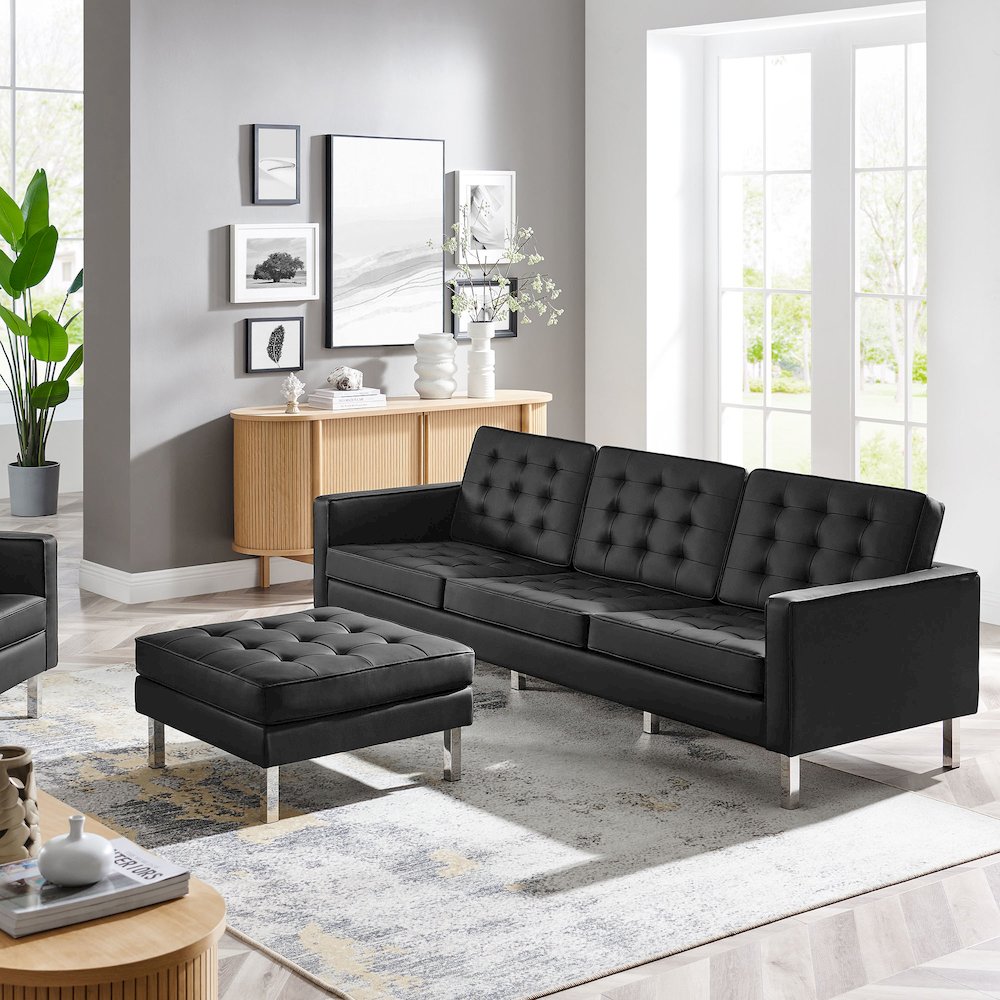Loft Tufted Vegan Leather Sofa and Ottoman Set