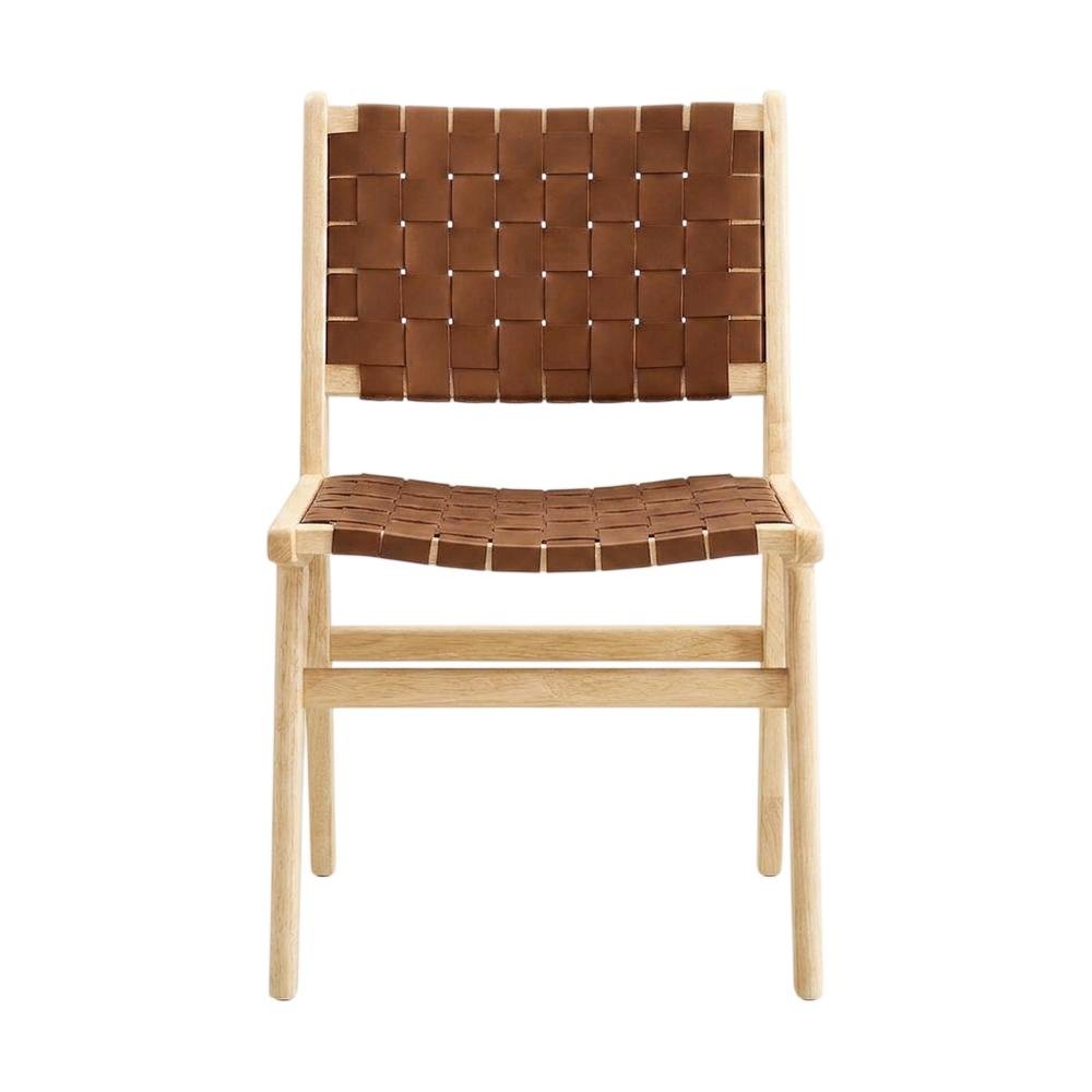 Leather-Upholstered Wood Dining Side Chairs, Natural Brown, Set of 2