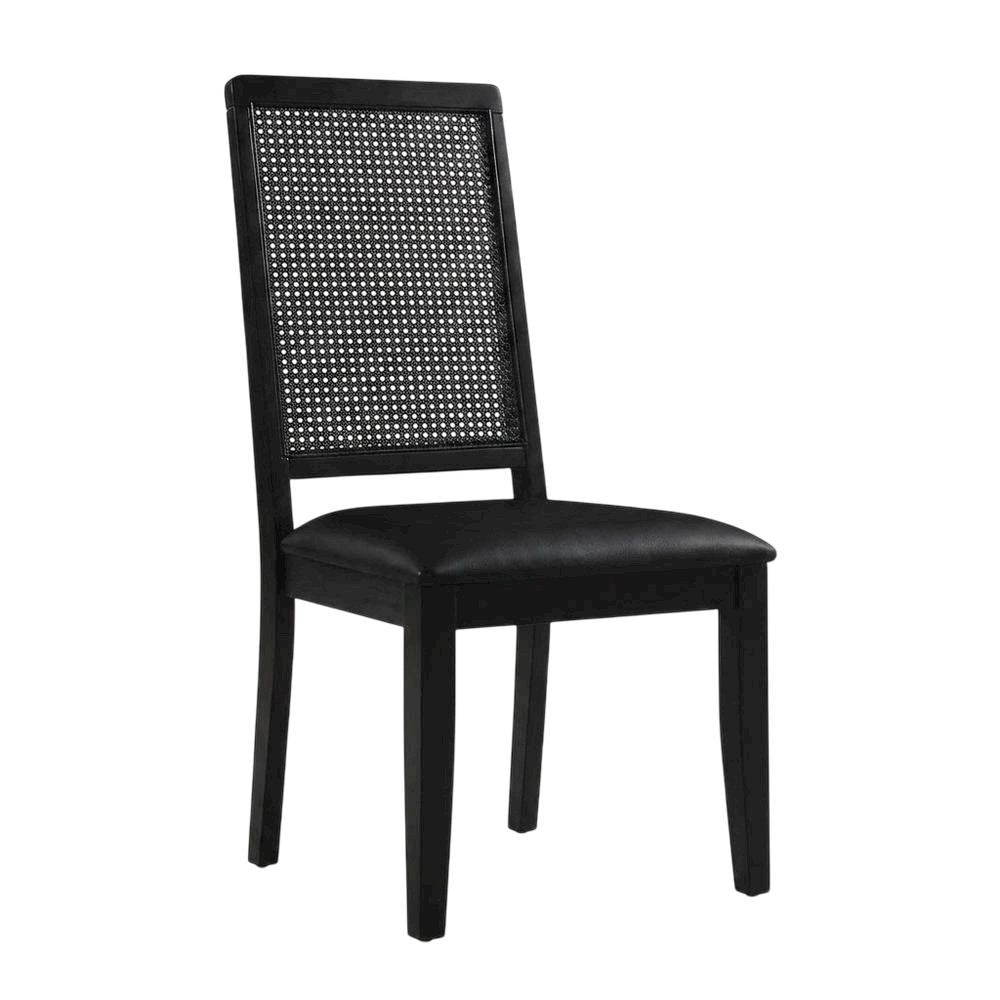 Vegan Leather Upholstered Faux Rattan Dining Chairs, Black Black, Set of 2