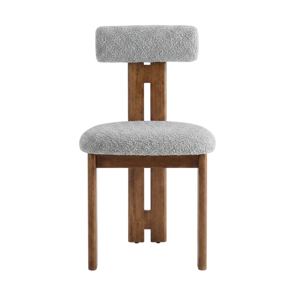 Boucle Fabric Upholstered Dining Chairs, Walnut Light Gray, Set of 2
