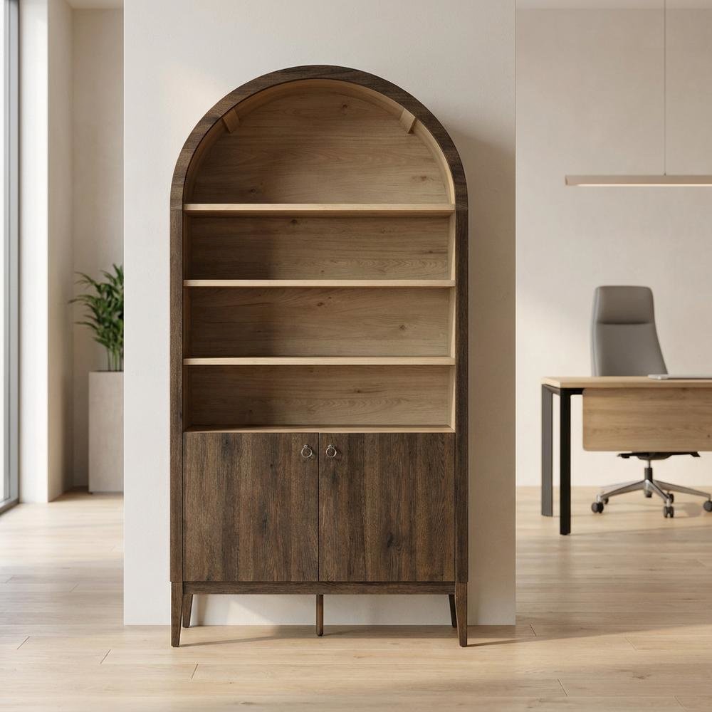 Wooden Tall Arched Bookcase Display Cabinet with Storage, Dark Walnut