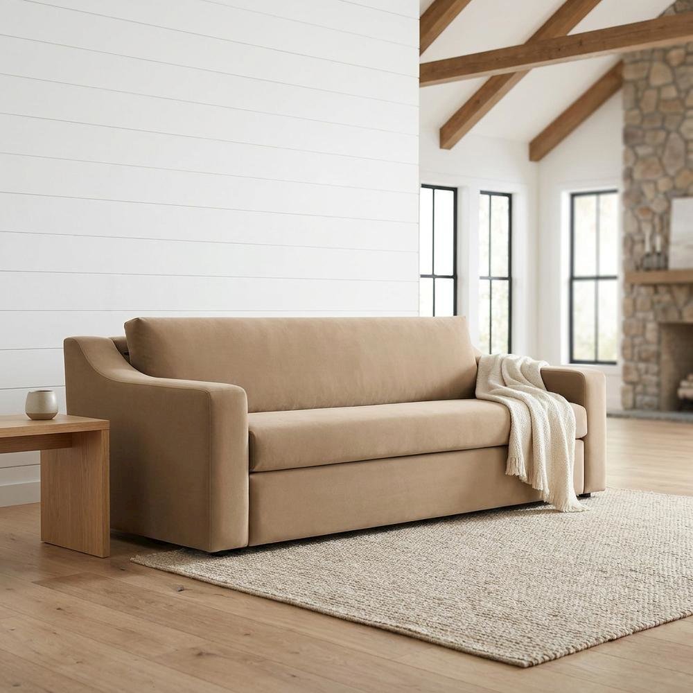 Performance Velvet Sofa, Comfy Modern Couch for Living Room, Taupe