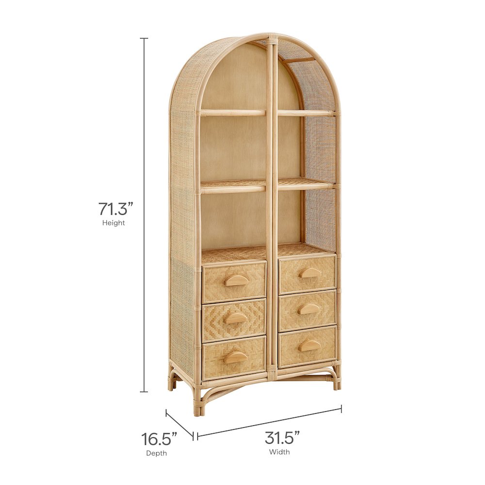 Jane 71 Inch Tall Arched Natural Rattan Bookshelf