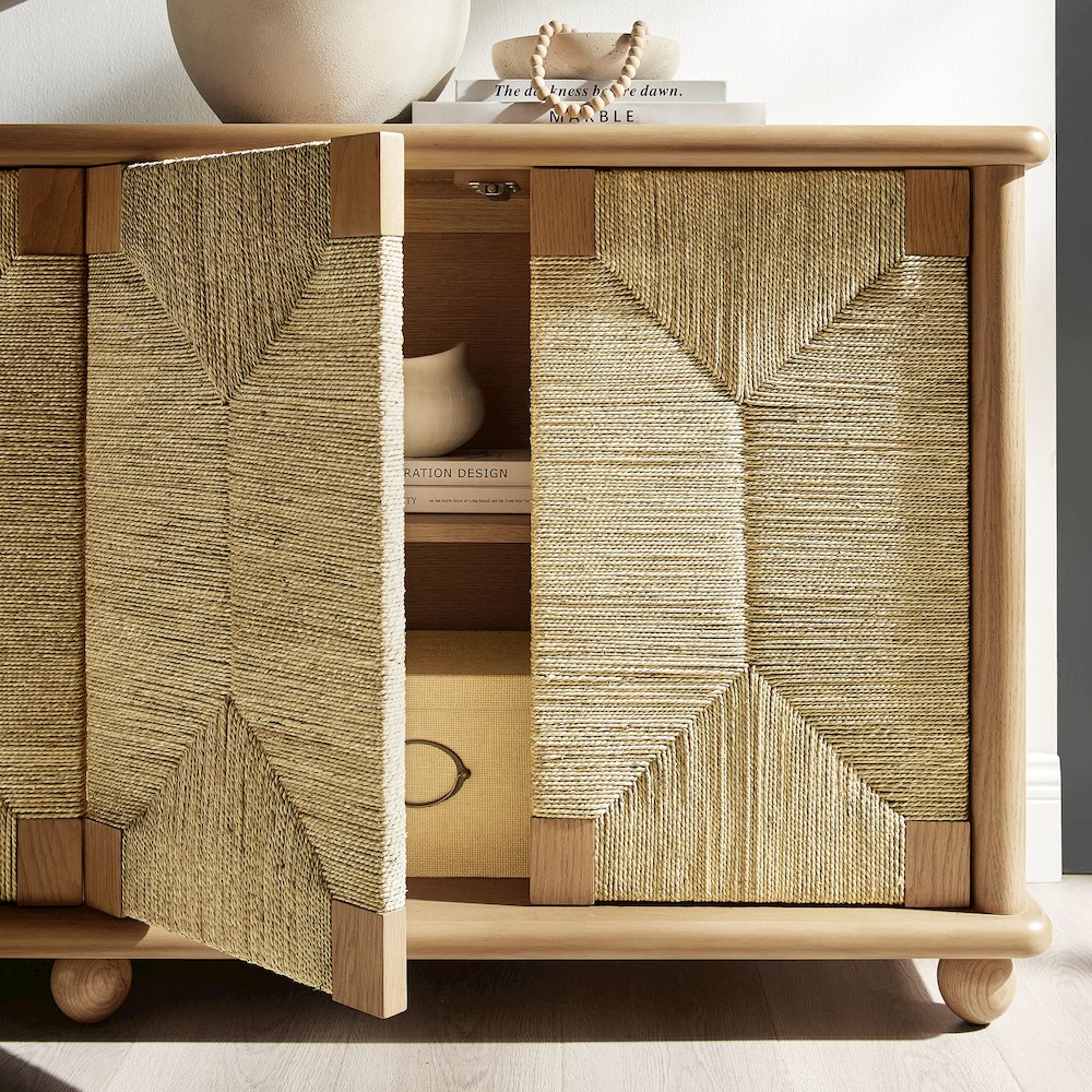 Marola 71 Inch Oak Wood Seagrass Sideboard