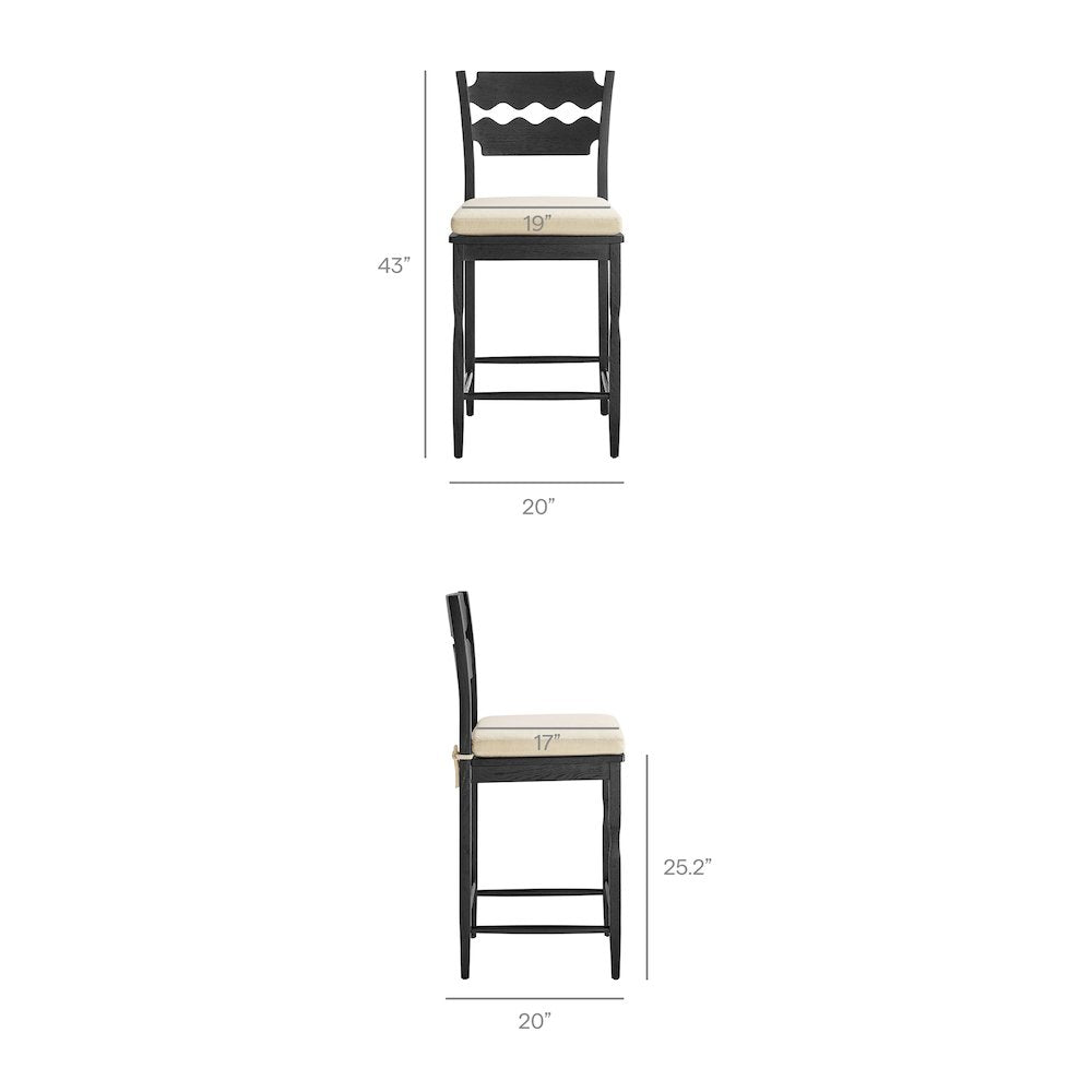Jax Oak Wood Counter Stool With Wavy Razor Back and Cushion