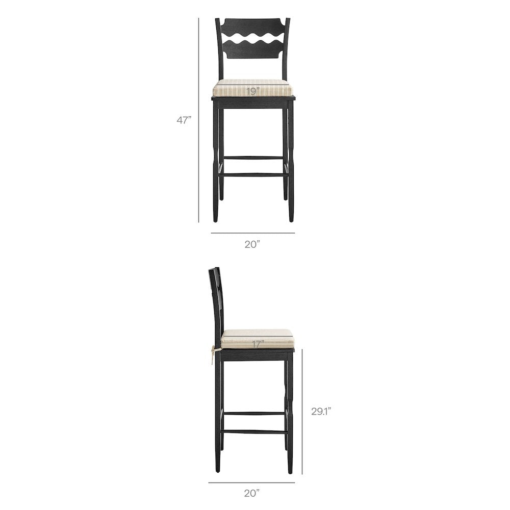 Jax Oak Wood Bar Stool With Wavy Razor Back and Cushion