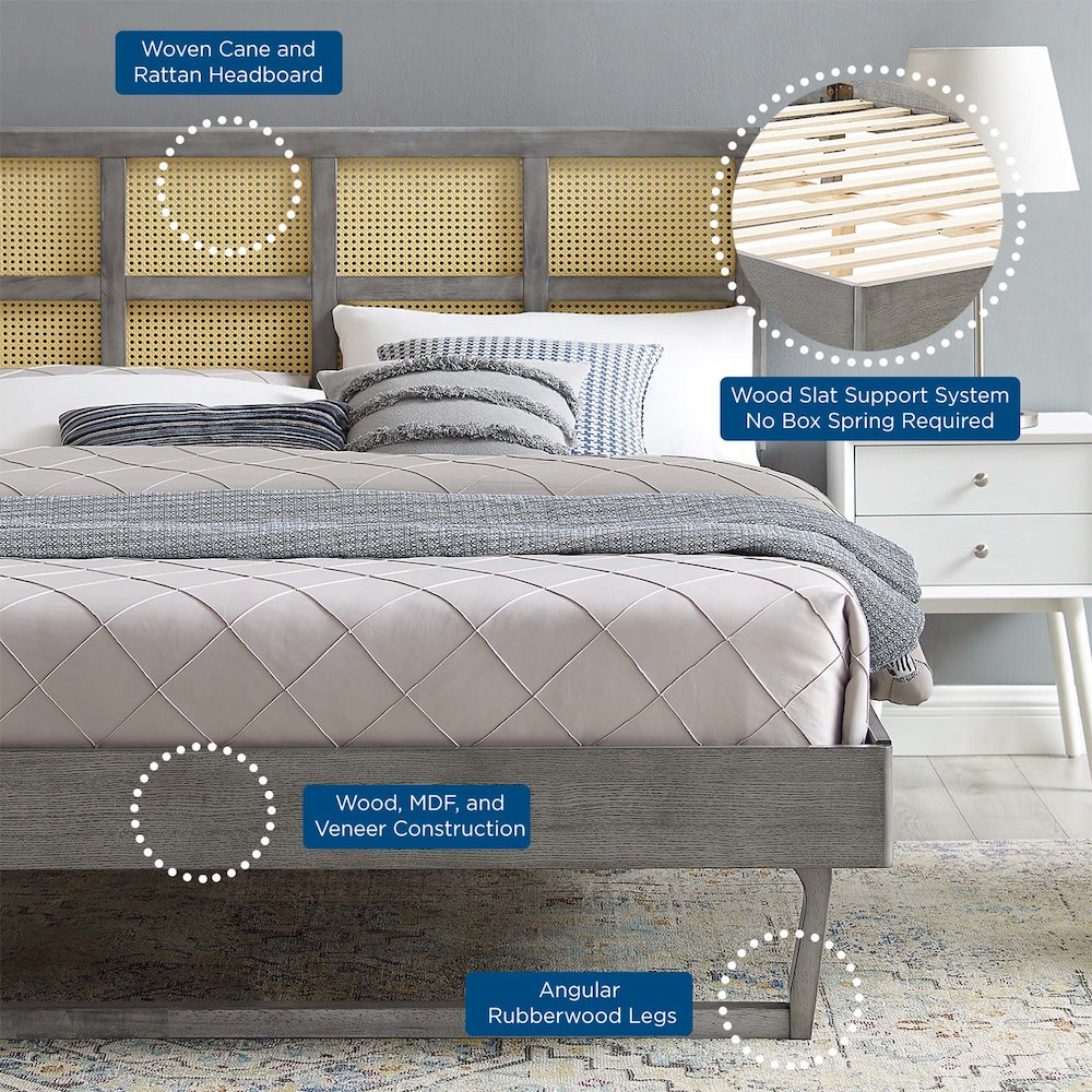 Sidney Cane and Wood Queen Platform Bed With Angular Legs