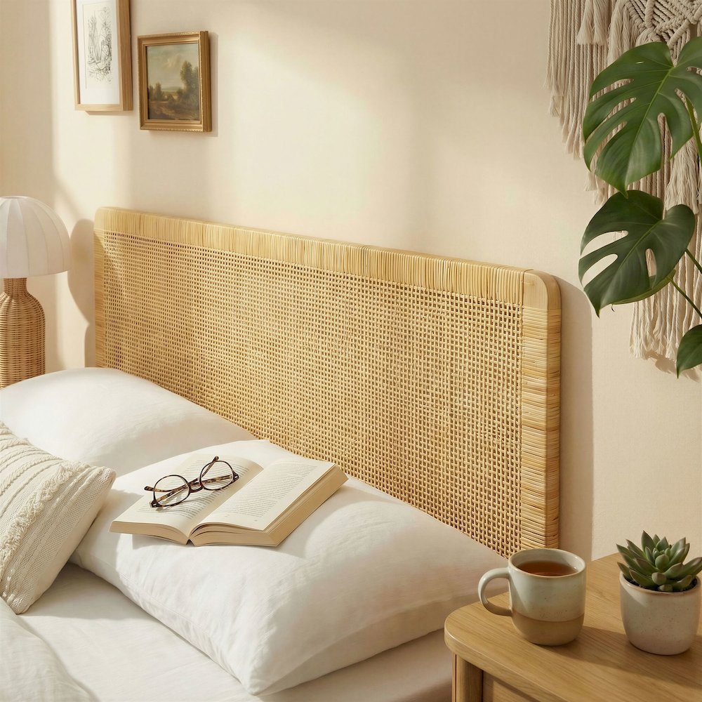 Sandy Wall Mounted Wood and Rattan Full Size Headboard
