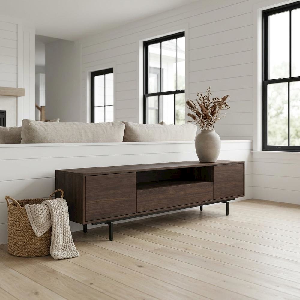 Walnut Finish Modern TV Console with 3 Doors in Engineered Wood