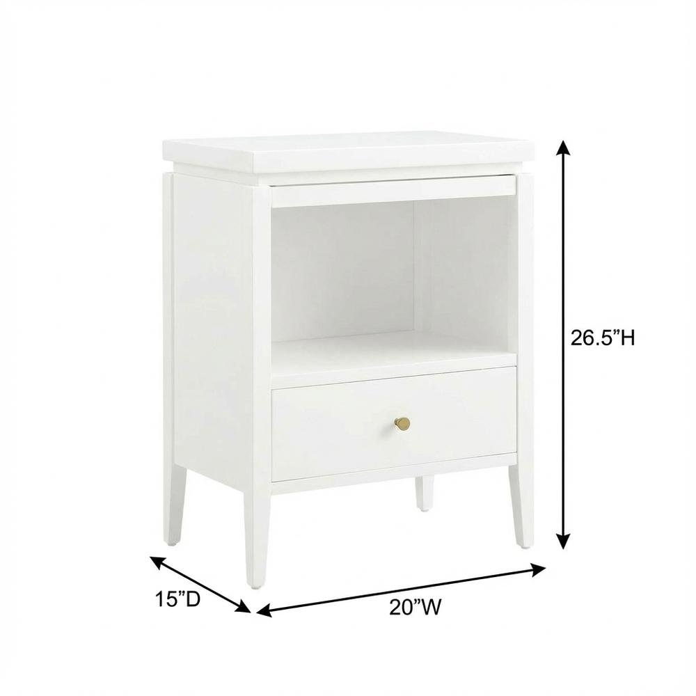 White Bedroom Nightstand, Gold Hardware, Casual, Farmhouse, Transitional Style