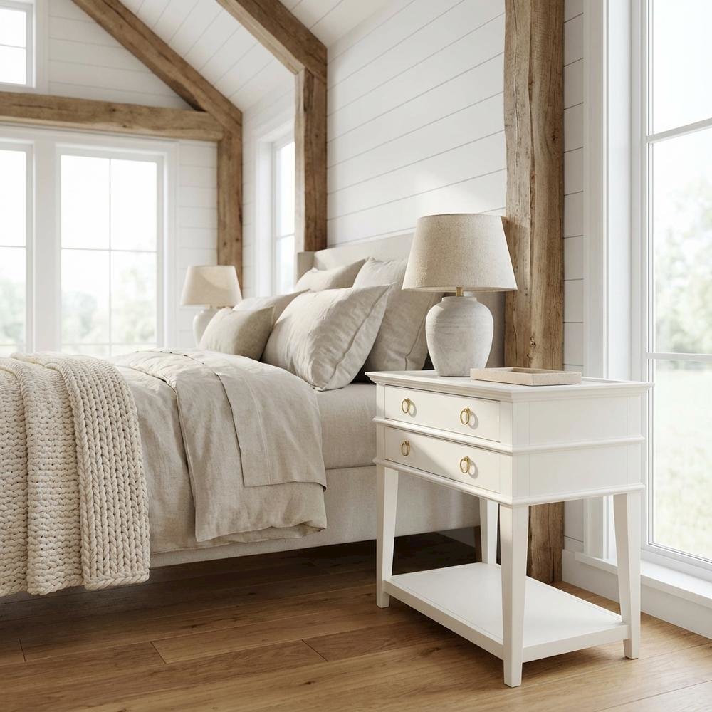 White Wooden Nightstand with 2 Drawers and Tray Top for Bedroom Decor