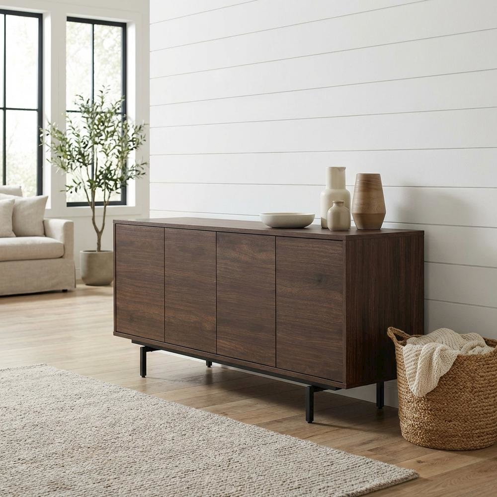 Wooden Walnut Finish TV Console with 4 Doors in Modern & Industrial Style