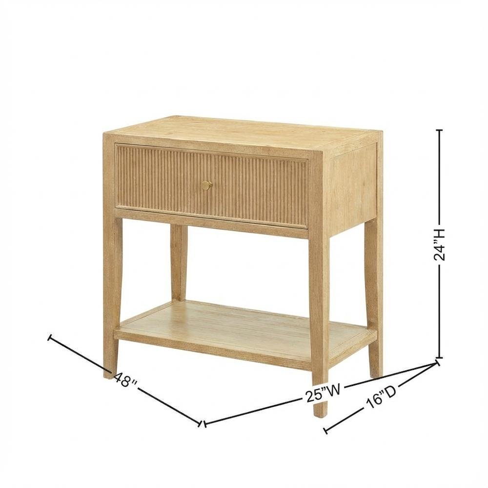 Wood Nightstand with Gold Hardware, Coastal, Scandinavian Style, Single Drawer