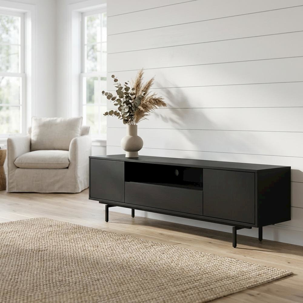 Black Laminate TV Console with 3 Doors and Modern Design