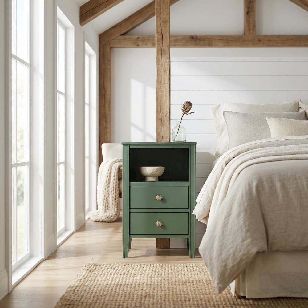 Vintage Green 2-Drawer Bedroom Nightstand with Traditional Hardware