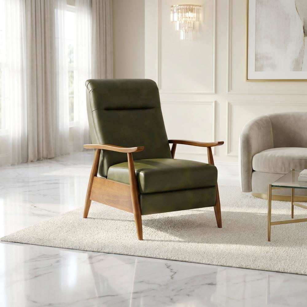 Leather-Gel Wood-Arm Push-Back Recliner Chair for Living Room, Fern Green