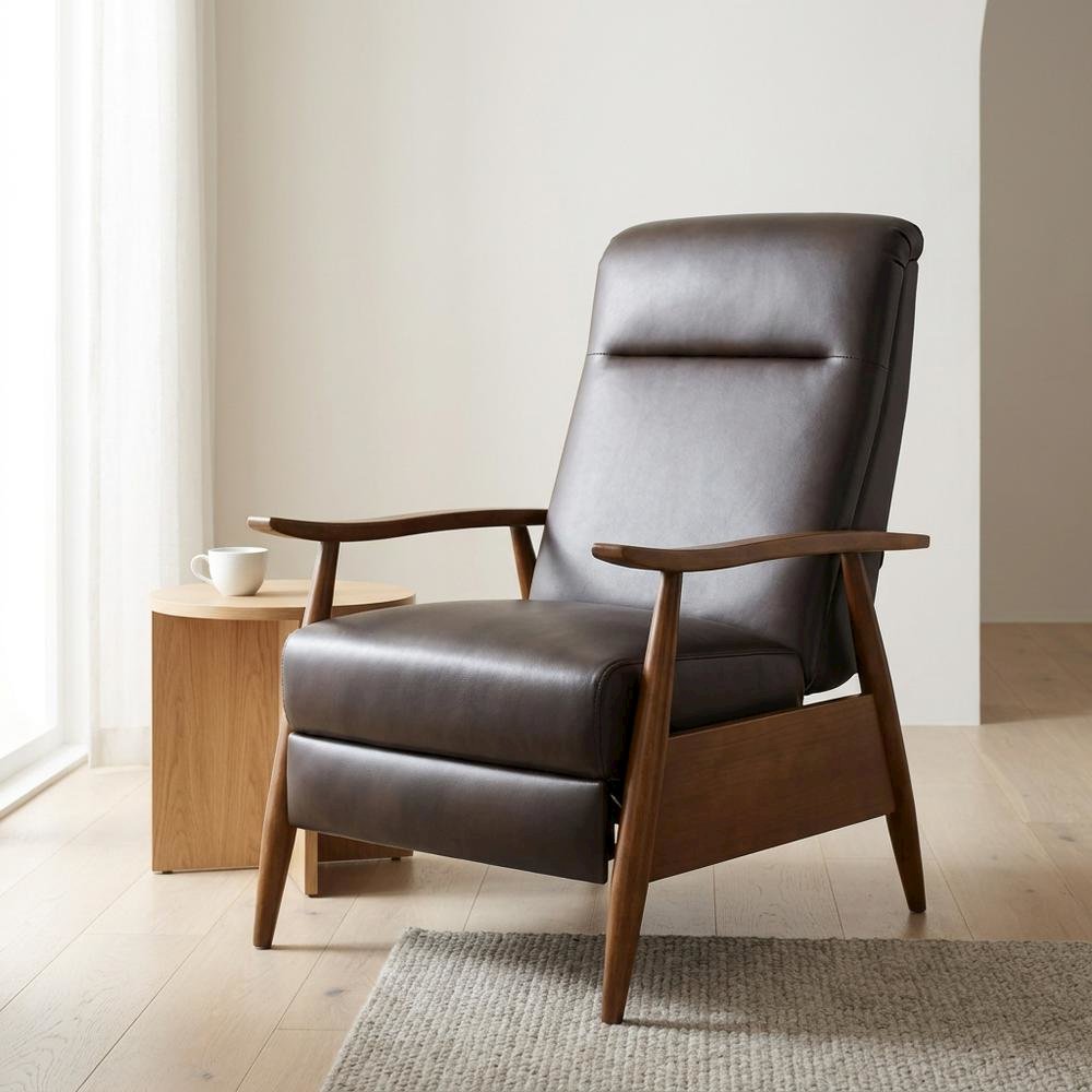 Semi-Leather Recliner Chair with Wood Arms, Push-Back for Living Room