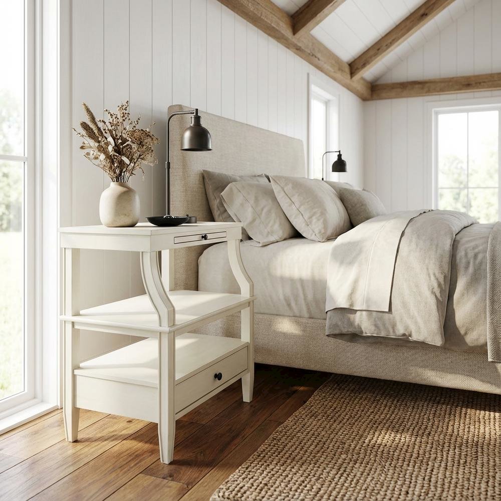 Antique White Storage Nightstand with Spacious Top and Classic Design