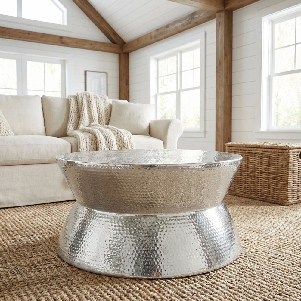 Silver Aluminum Round Coffee Table Modern Design Lightweight 1-Piece