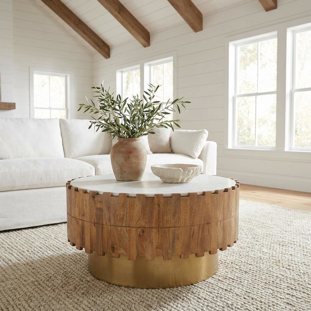 Brown Round Coffee Table with Genuine Marble Top and Mango Wood Frame
