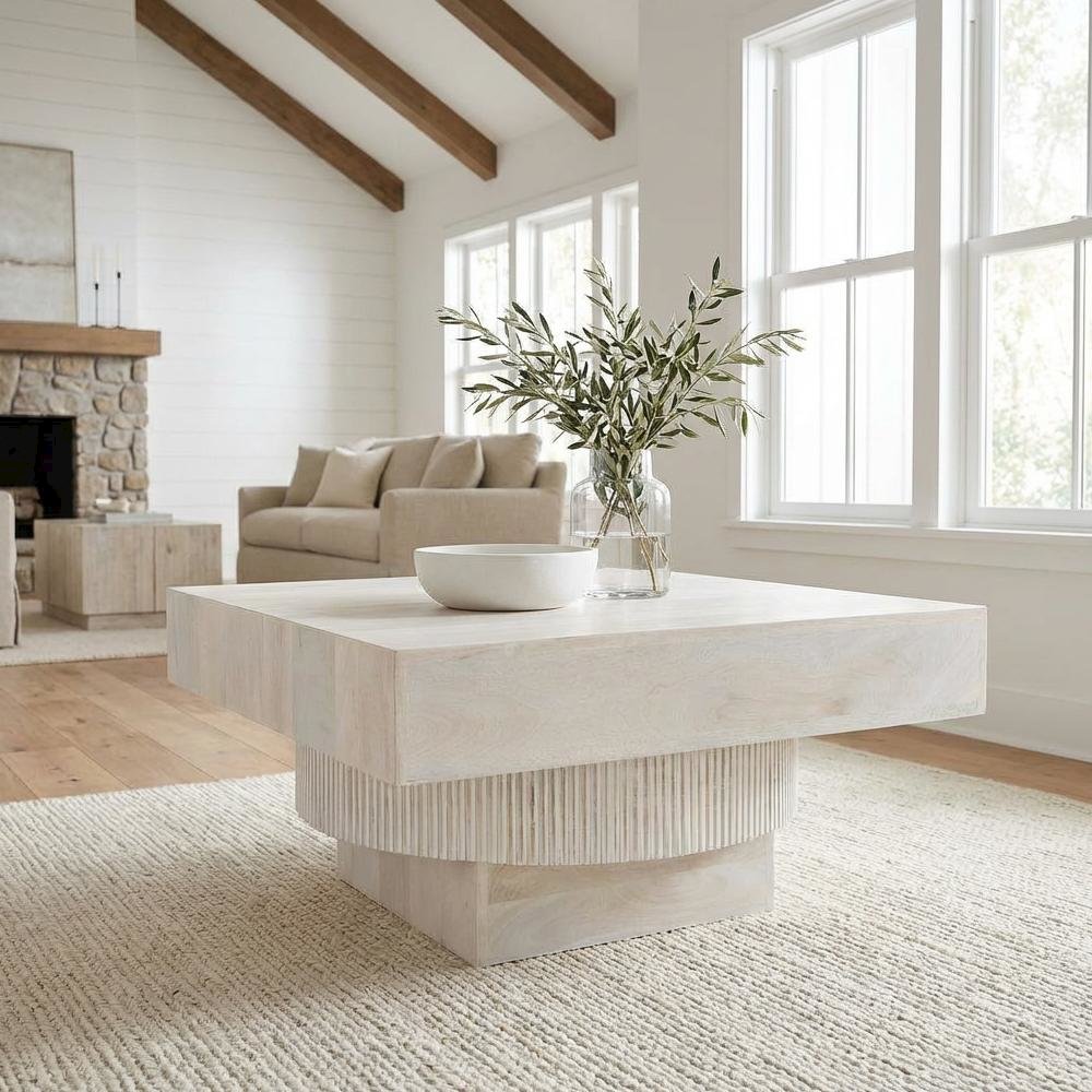 White Mango Wood Coffee Table with Square Top and Modern Design