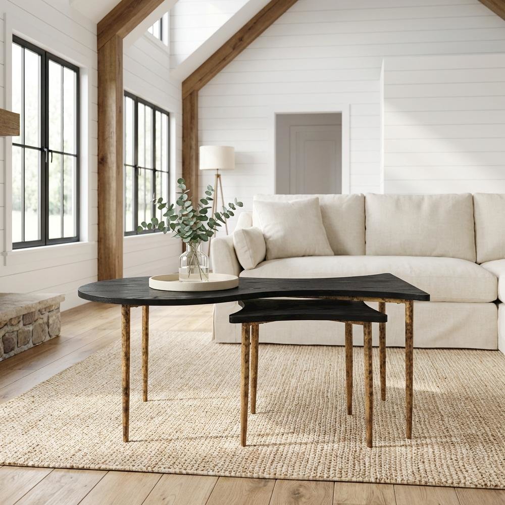 Black Coffee Table Set with Bronze Base MDF Top Modern Design