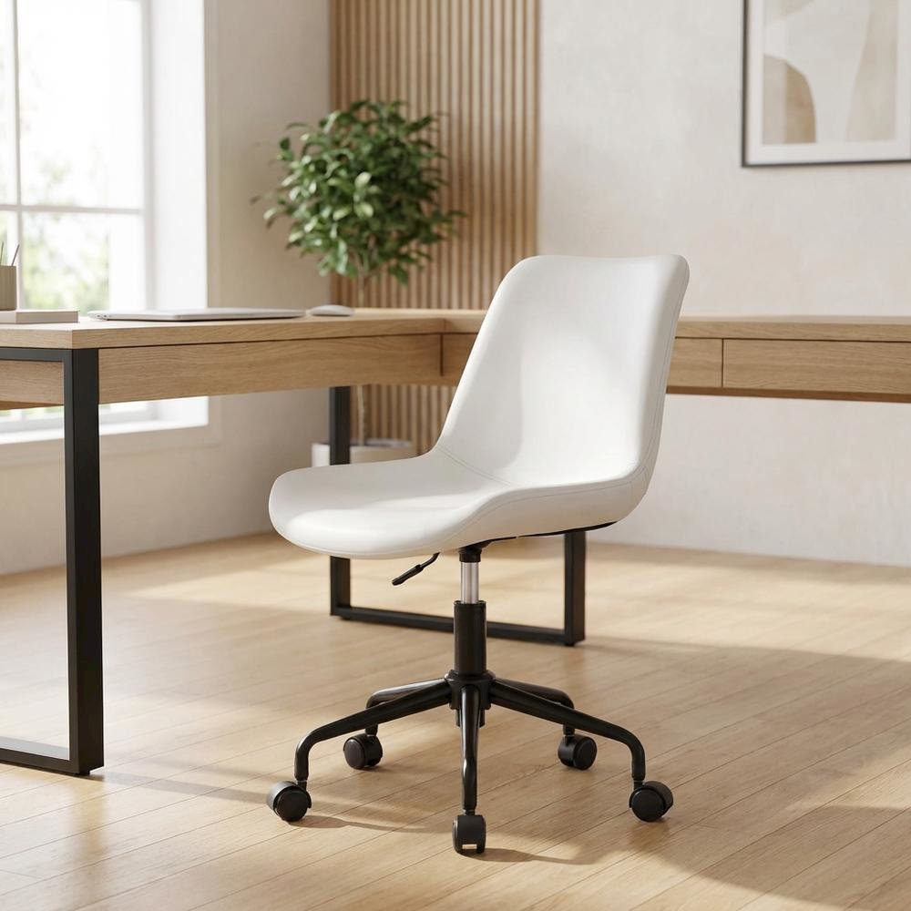White Mid-Back Office Chair with Plywood Frame and Polyurethane Upholstery