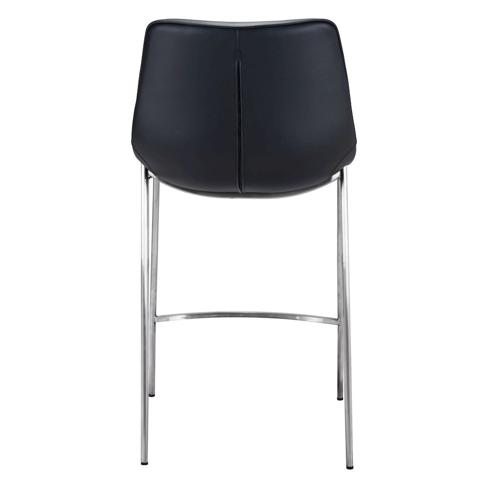 Counter Stools Set of 2, Black Faux Leather, Silver Steel Legs