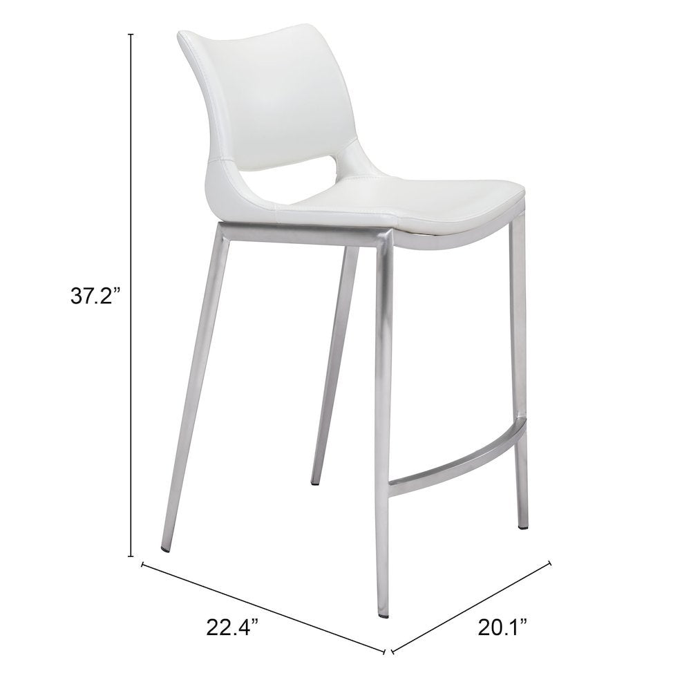 Counter Stools Set of 2, White Faux Leather, Silver Steel Legs