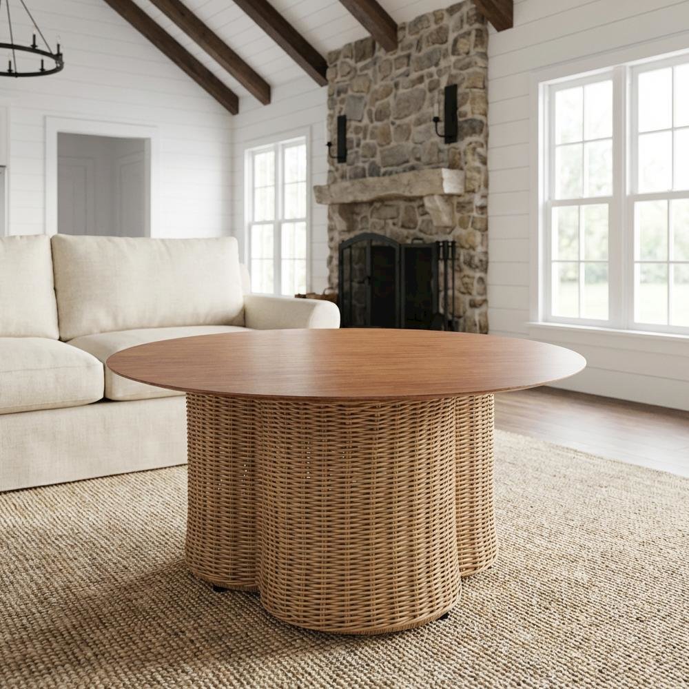 Brown Round Coffee Table with Aluminum Top and Polyethylene Frame Modern Style