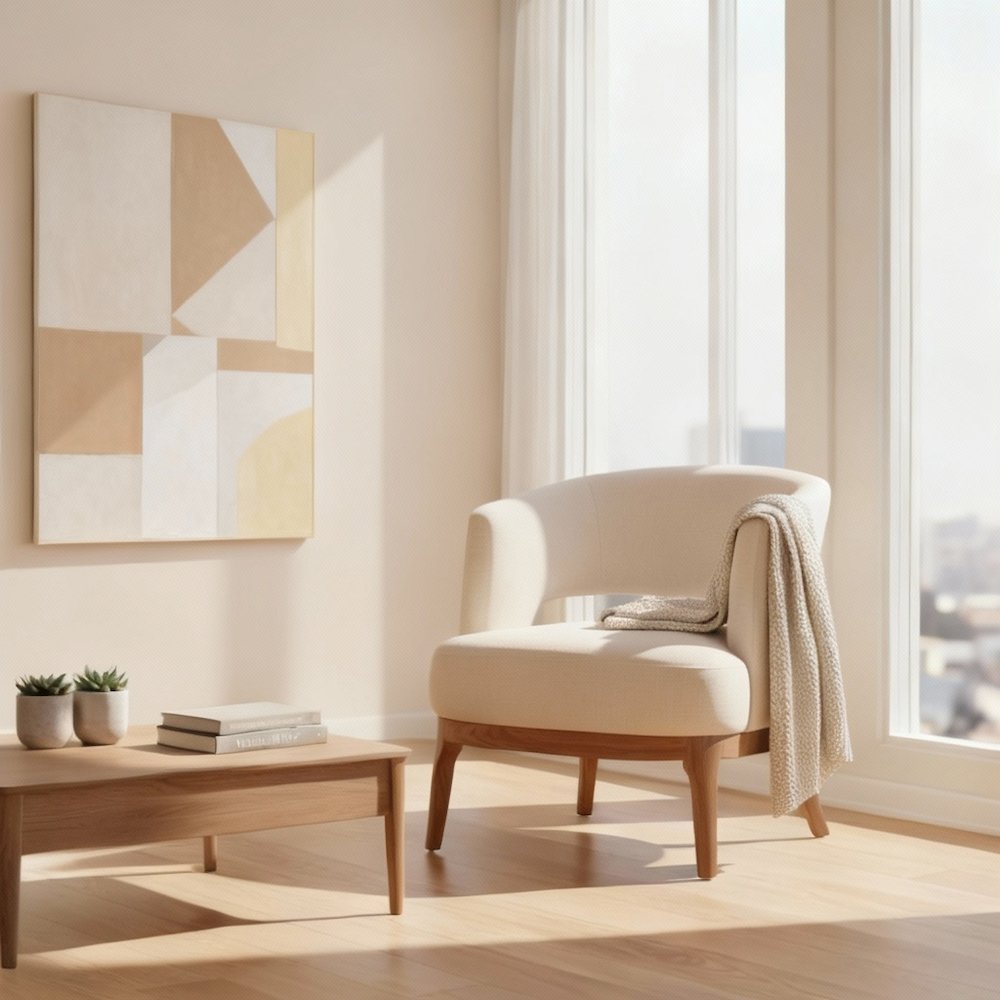 Accent Chair, Beige Polyester Fabric, Solid Ash Wood Legs
