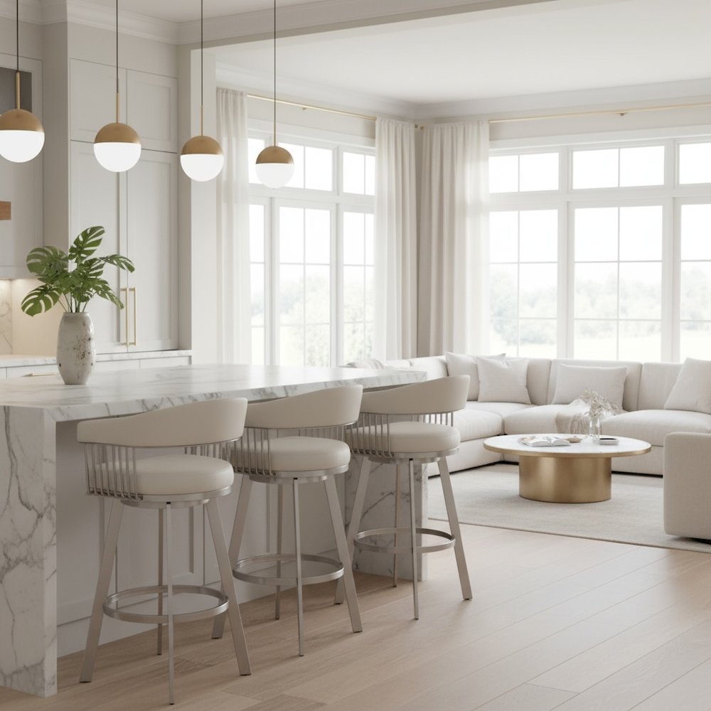 Bar Stool, White Faux Leather, Swivel, Self-Centering, Steel Legs