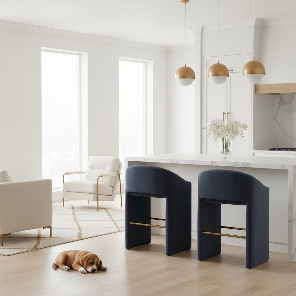 Bar Stool, Midnight Gray Velvet, Plywood Legs, Ergonomic Footrest