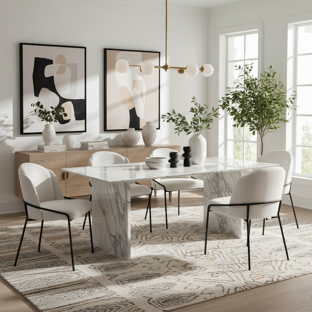 Dining Chairs Set of 2, Ivory Shearling Style Fabric, Steel Legs