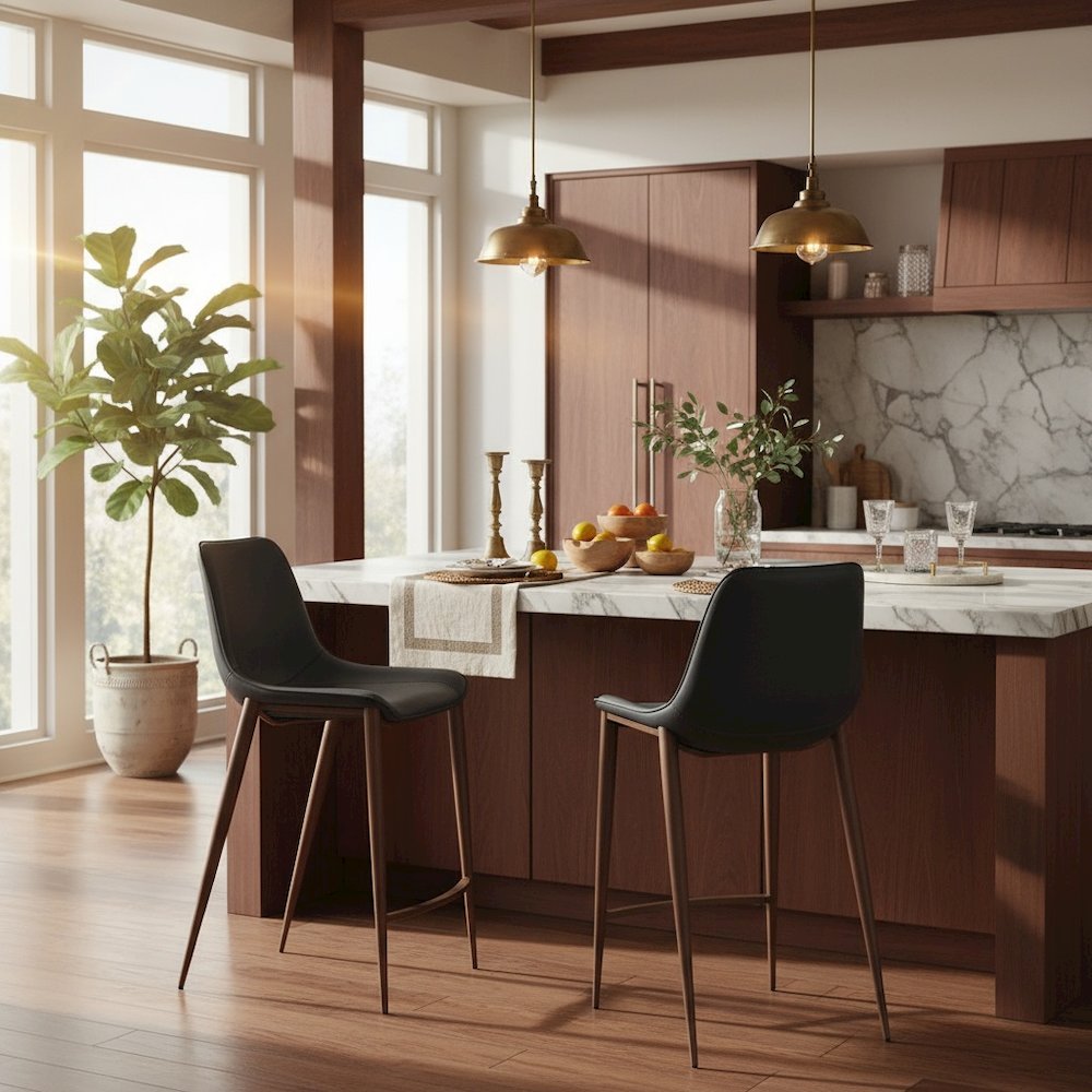 Counter Stools Set of 2, Black Faux Leather, Faux Wood Steel Legs