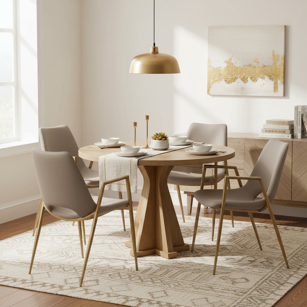 Dining Chairs Set of 2, Beige Faux Leather, Electroplated Gold Legs